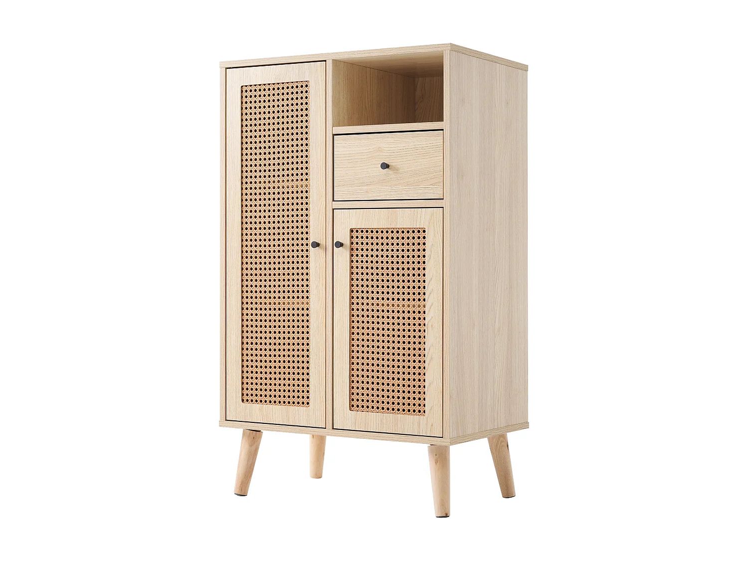 Commode en Bois avec 2 Portes en Rattan et 1 Tiroir, Buffet de Rangement avec Grand Espace, Meuble de Salon, Dimensions 60x40x101 cm