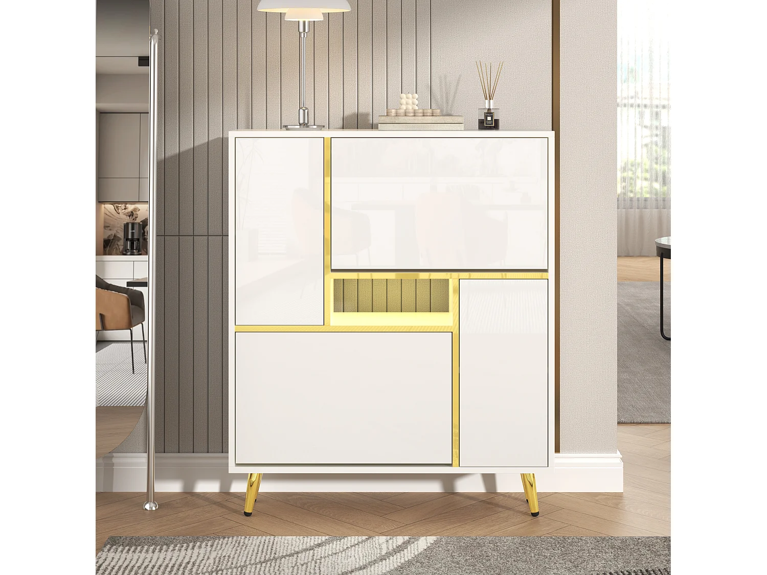 Armoire à Chaussures Moderne avec Façade Haut Brillant et Éclairage LED 16 Couleurs (80 x 25 x 96 cm)