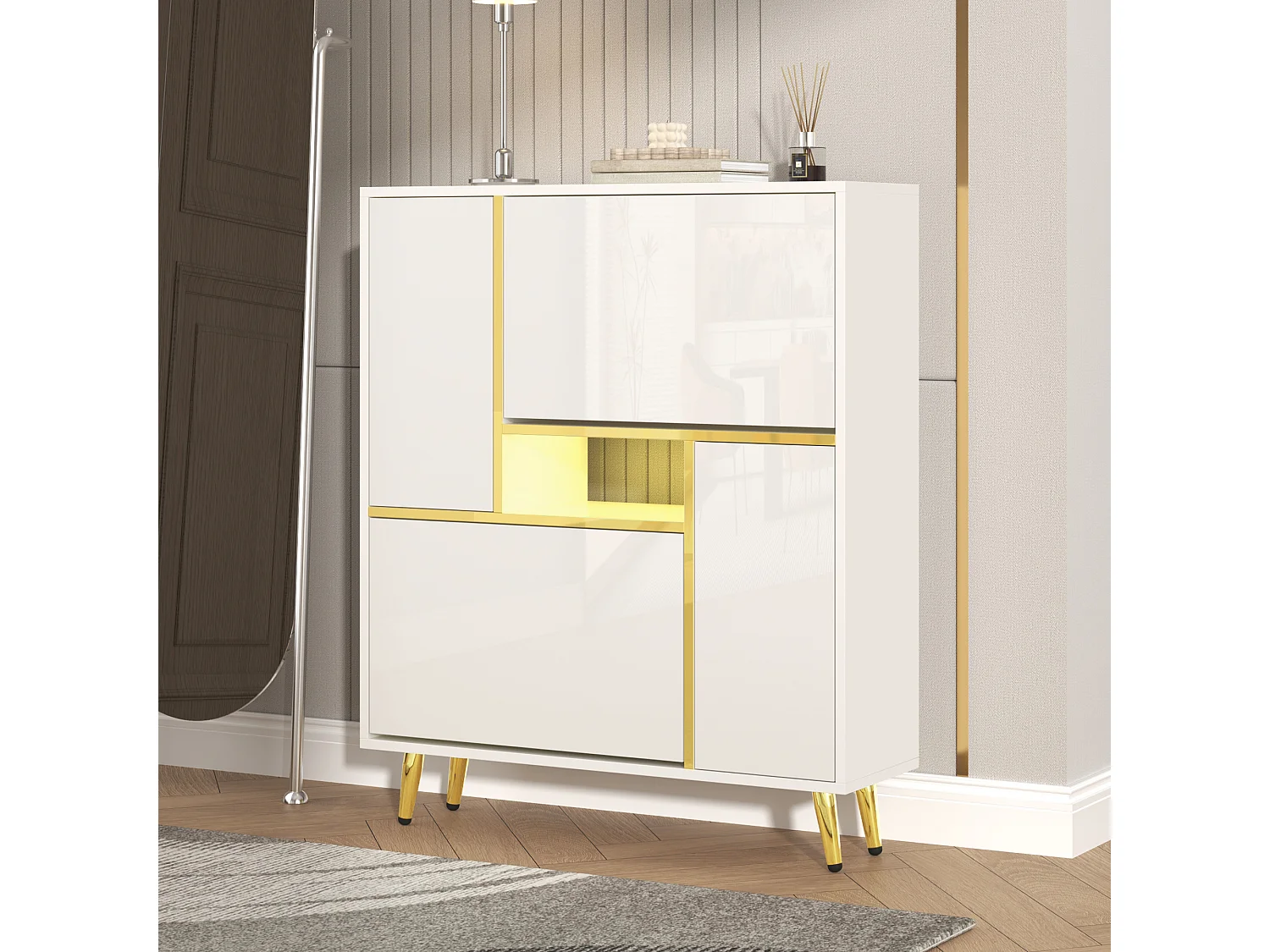 Armoire à Chaussures Moderne avec Façade Haut Brillant et Éclairage LED 16 Couleurs (80 x 25 x 96 cm)