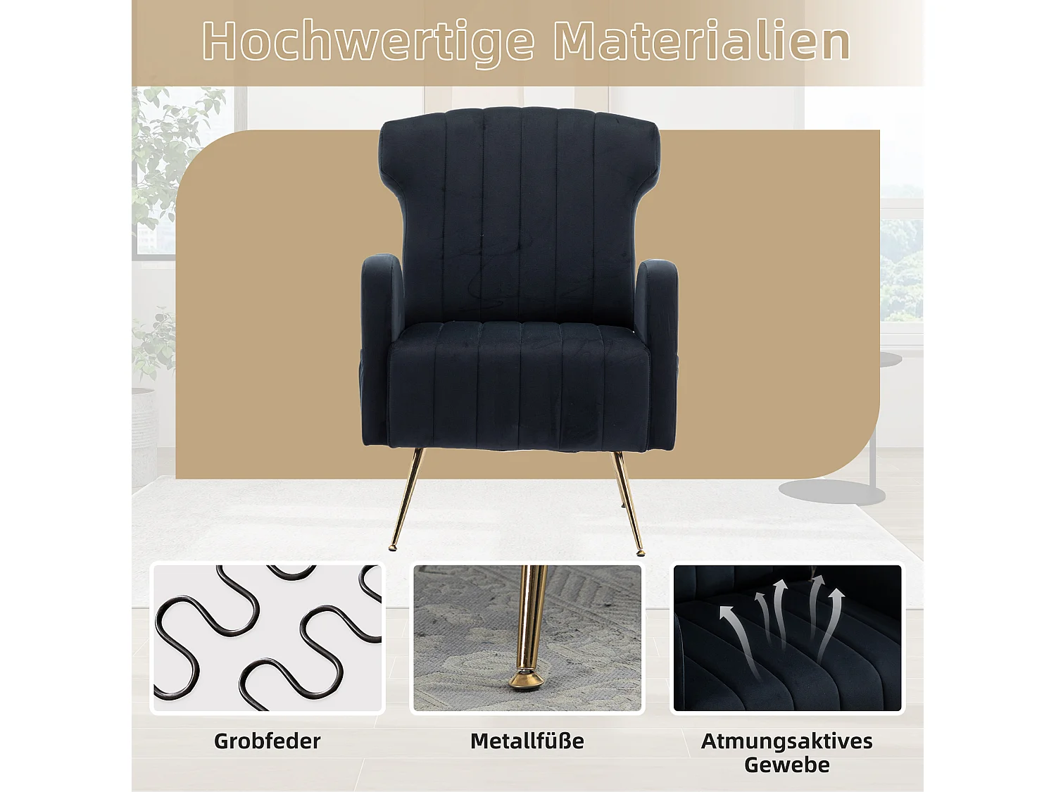 Chaise Décorative en Velours avec Accoudoirs, Design Classique et Moderne, Pieds Métalliques Dorés, Fauteuil Confortable pour Salon, Chambre ou Bureau