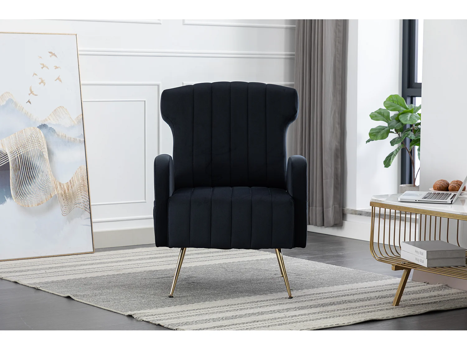 Chaise Décorative en Velours avec Accoudoirs, Design Classique et Moderne, Pieds Métalliques Dorés, Fauteuil Confortable pour Salon, Chambre ou Bureau