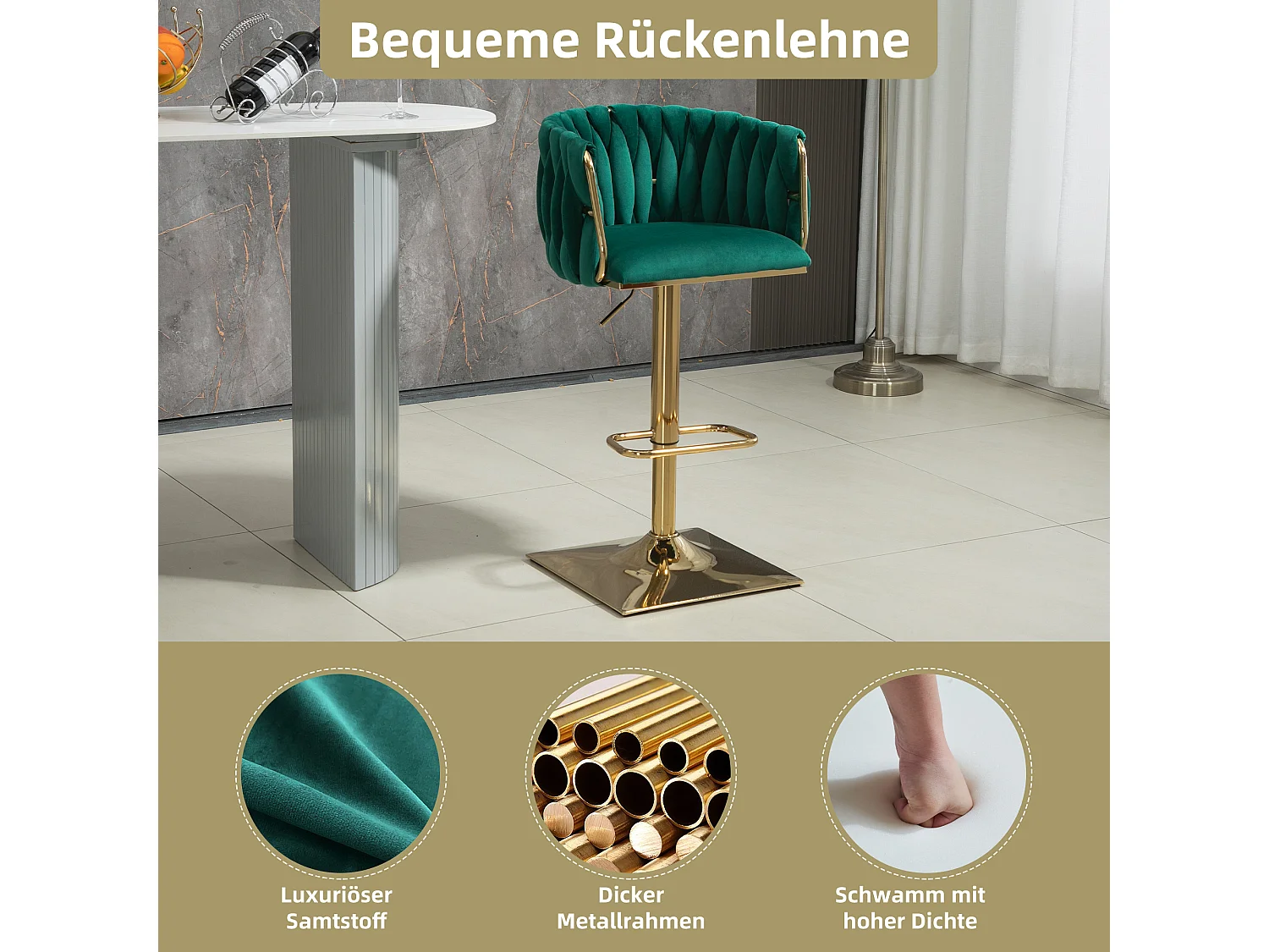 Tabouret de Bar Moderne en Velours Réglable, Lot de 2, avec Repose-pieds et Base en Acier Inoxydable Doré,Idéal pour Cuisine et Bar (Émeraude)