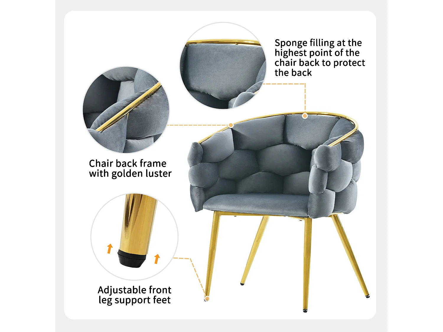 Chaise de Salle à Manger en Velours Gris avec Dossier Doré, Stature Élégante, Confort Premium, 1 Pièce