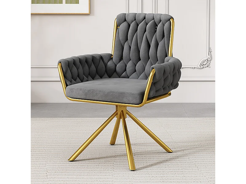 Chaise de salle à manger en velours, fauteuil tournant luxe, chaise de loisirs avec accoudoirs et pieds métalliques, gris