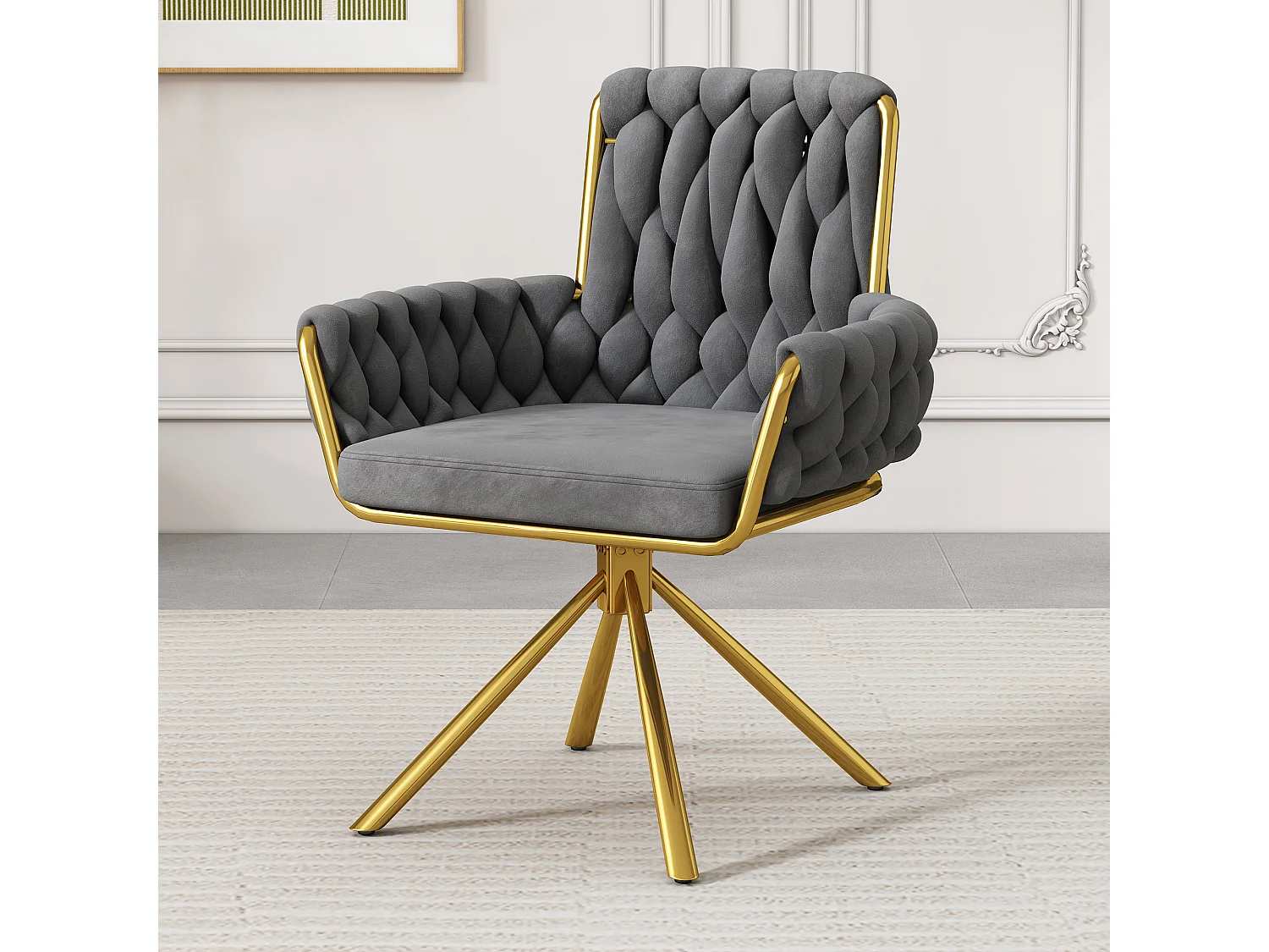 Chaise de salle à manger en velours, fauteuil tournant luxe, chaise de loisirs avec accoudoirs et pieds métalliques, gris