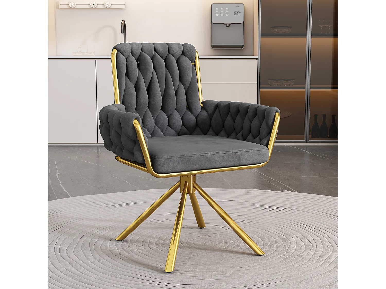 Chaise de salle à manger en velours, fauteuil tournant luxe, chaise de loisirs avec accoudoirs et pieds métalliques, gris