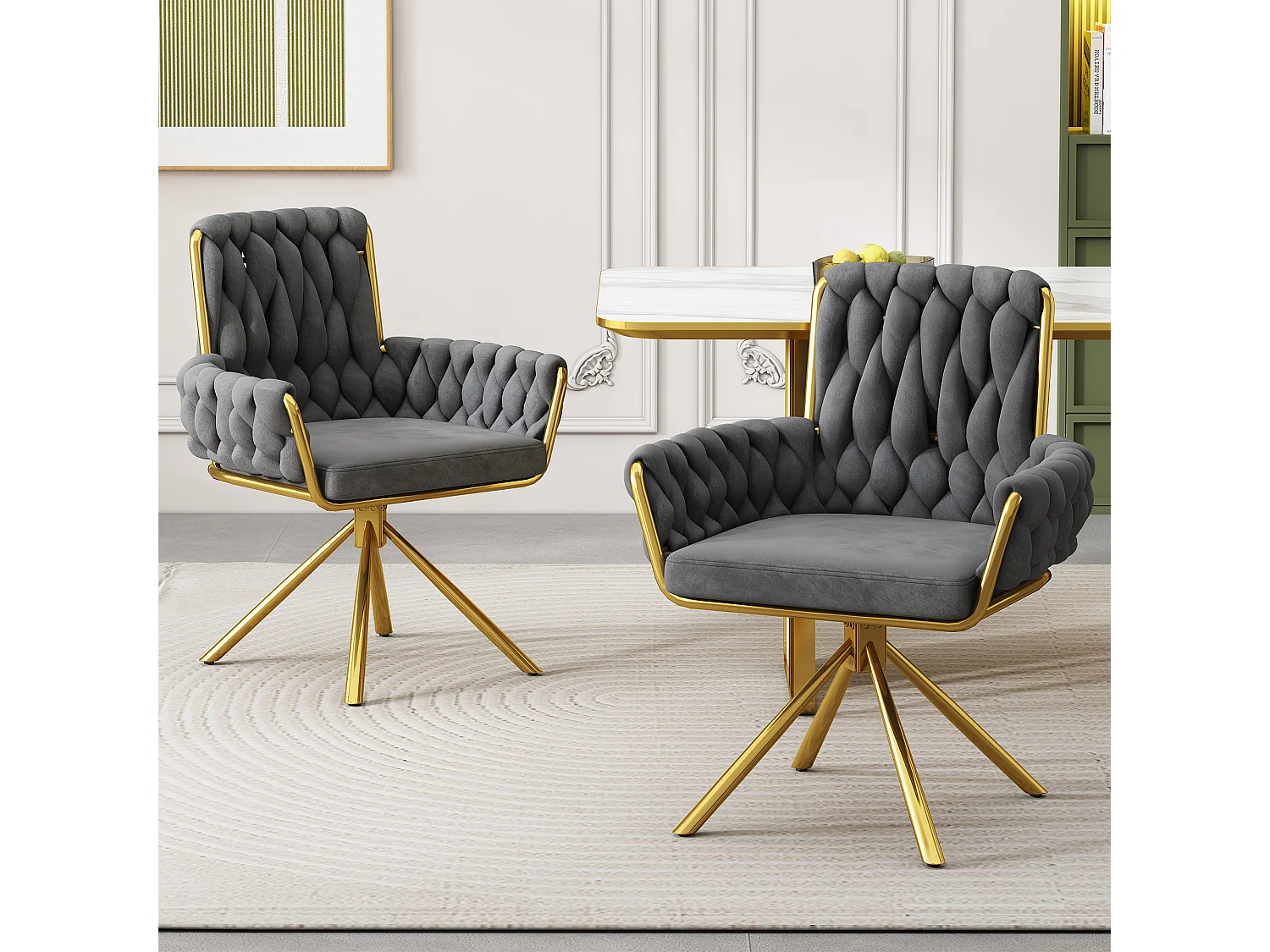 Chaise de salle à manger en velours, fauteuil tournant luxe, chaise de loisirs avec accoudoirs et pieds métalliques, gris