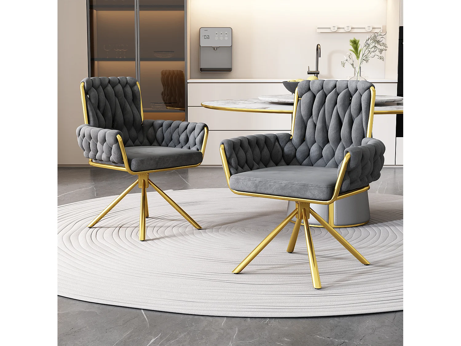 Chaise de salle à manger en velours, fauteuil tournant luxe, chaise de loisirs avec accoudoirs et pieds métalliques, gris