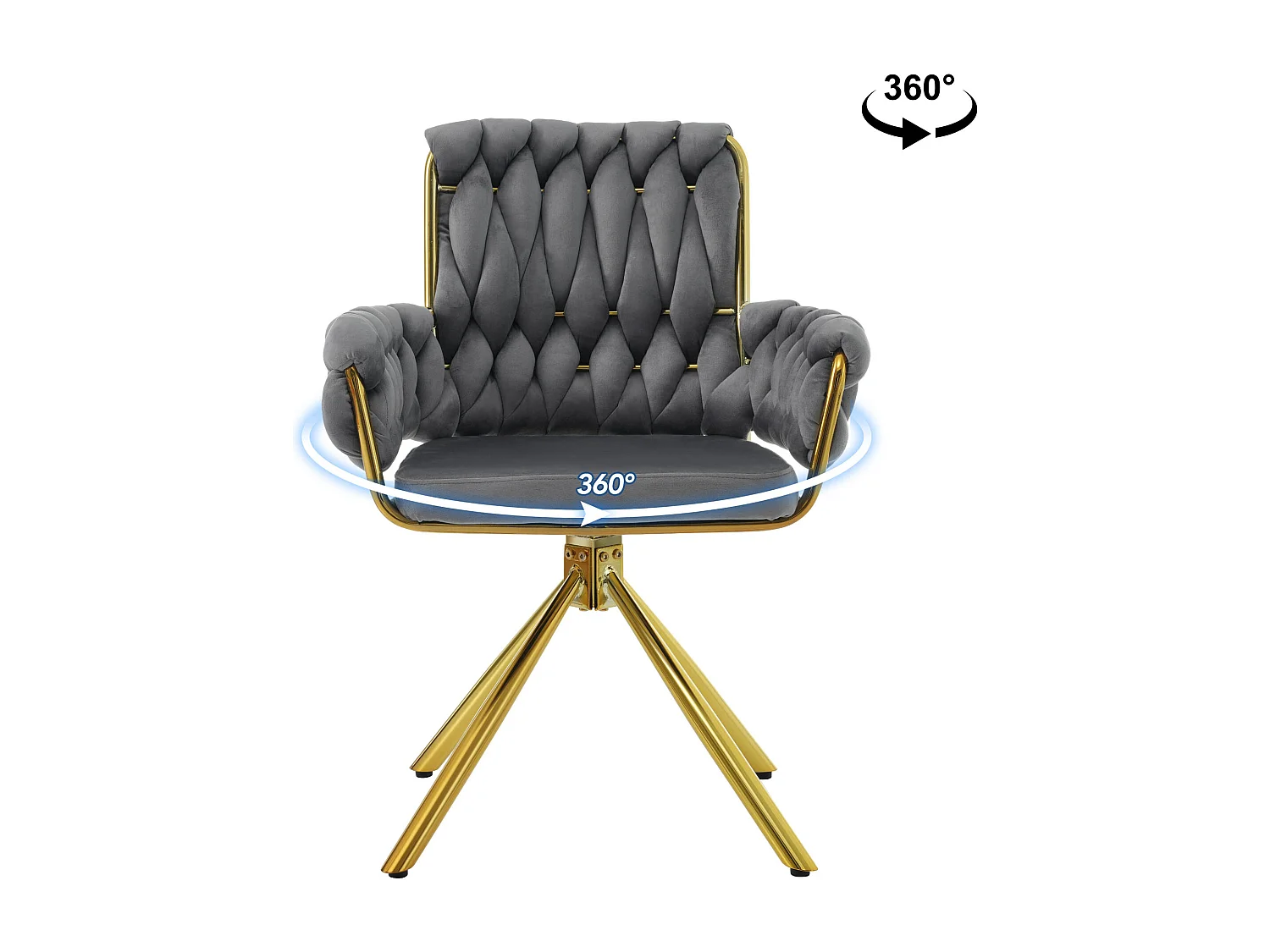 Chaise de salle à manger en velours, fauteuil tournant luxe, chaise de loisirs avec accoudoirs et pieds métalliques, gris