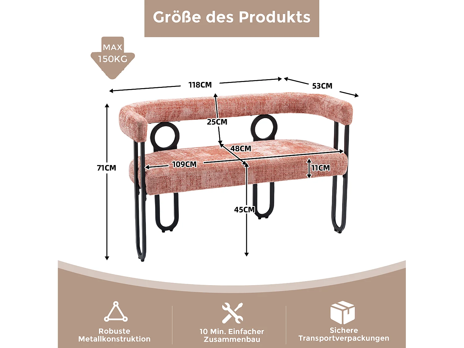 Haobosic - Canapé Double Moderne en Tissu Chenille Rose, Design Dossier Arrondi, Cadre Métallique Solide, 250 kg Capacité, Élégant et Confortable