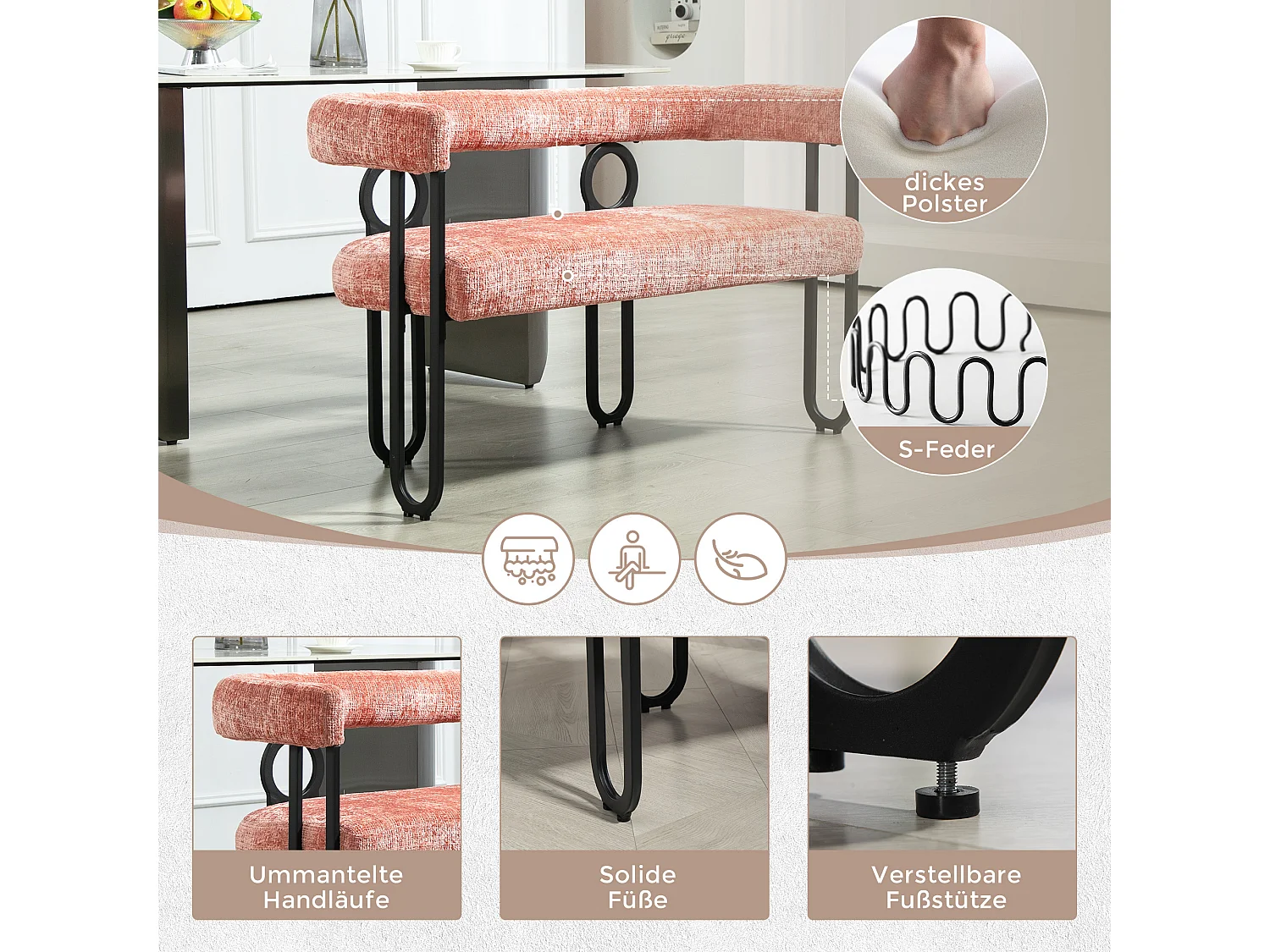 Haobosic - Canapé Double Moderne en Tissu Chenille Rose, Design Dossier Arrondi, Cadre Métallique Solide, 250 kg Capacité, Élégant et Confortable