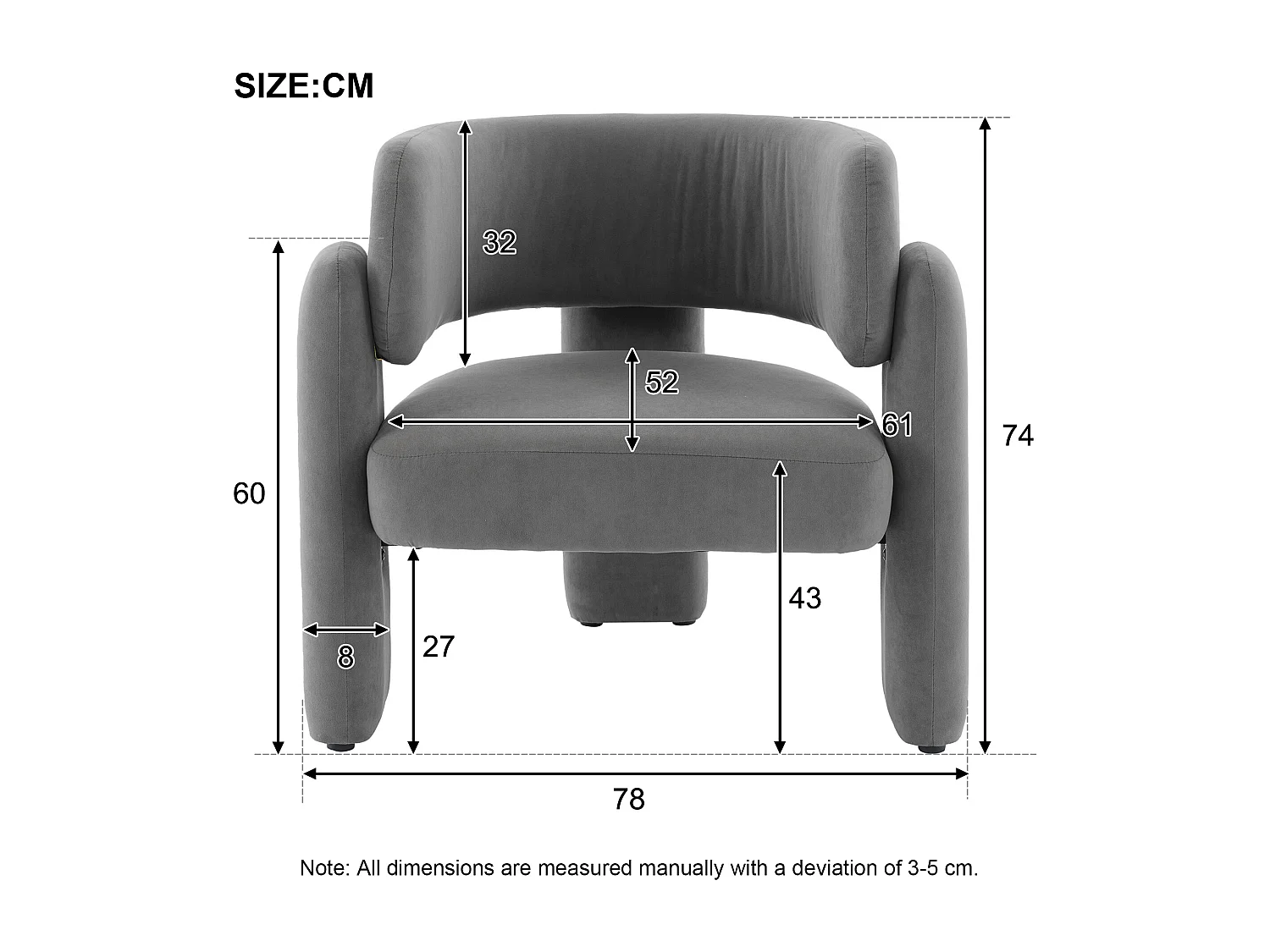 Fauteuil Lounge Moderne Gris, Siège Individuel Compact 78x52x74 cm, Robuste Structure, Charge Maximale 250 lbs, Confort Ergonomique