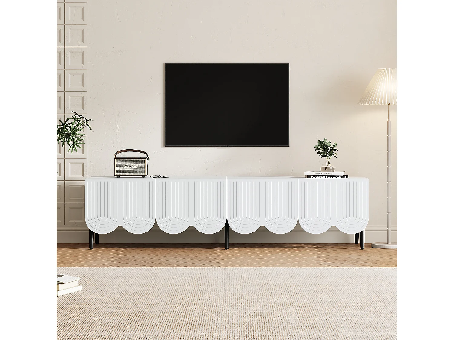Meuble TV Moderne en Blanc avec Design Unique – 180 x 40 x 45 cm, Compatible avec Téléviseurs jusqu'à 80 pouces, 2 Portes et Gestion des Câbles