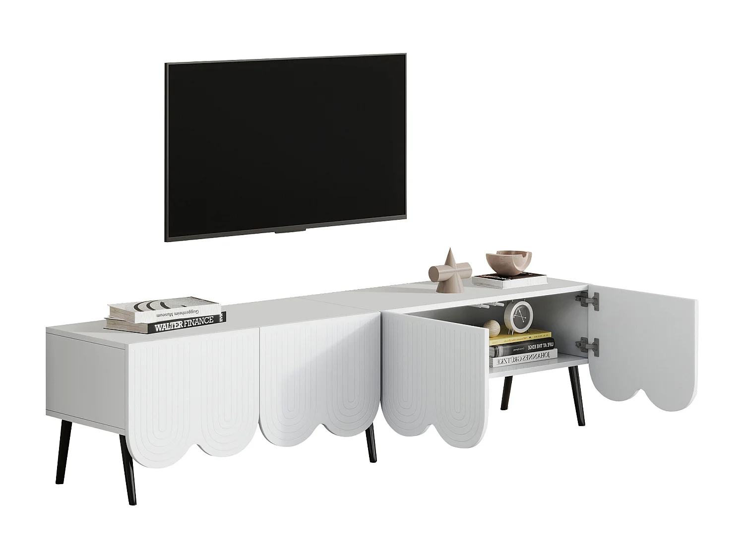 Meuble TV Moderne en Blanc avec Design Unique – 180 x 40 x 45 cm, Compatible avec Téléviseurs jusqu'à 80 pouces, 2 Portes et Gestion des Câbles