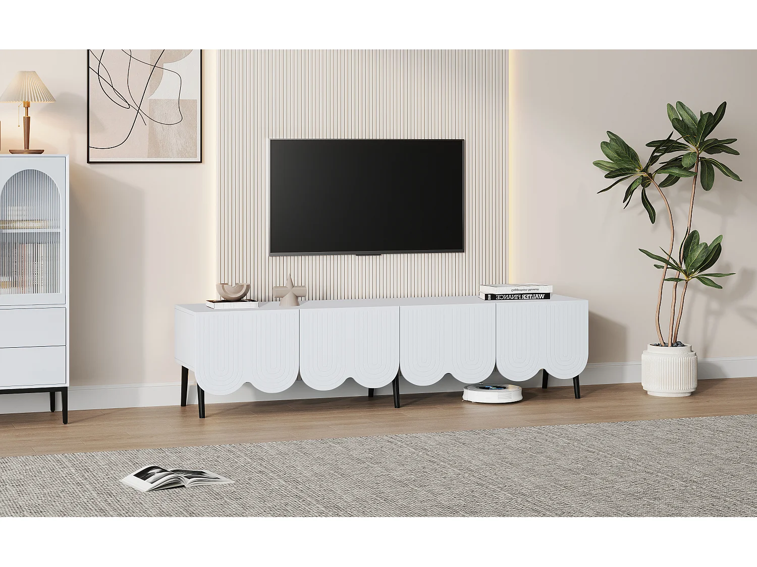 Meuble TV Moderne en Blanc avec Design Unique – 180 x 40 x 45 cm, Compatible avec Téléviseurs jusqu'à 80 pouces, 2 Portes et Gestion des Câbles