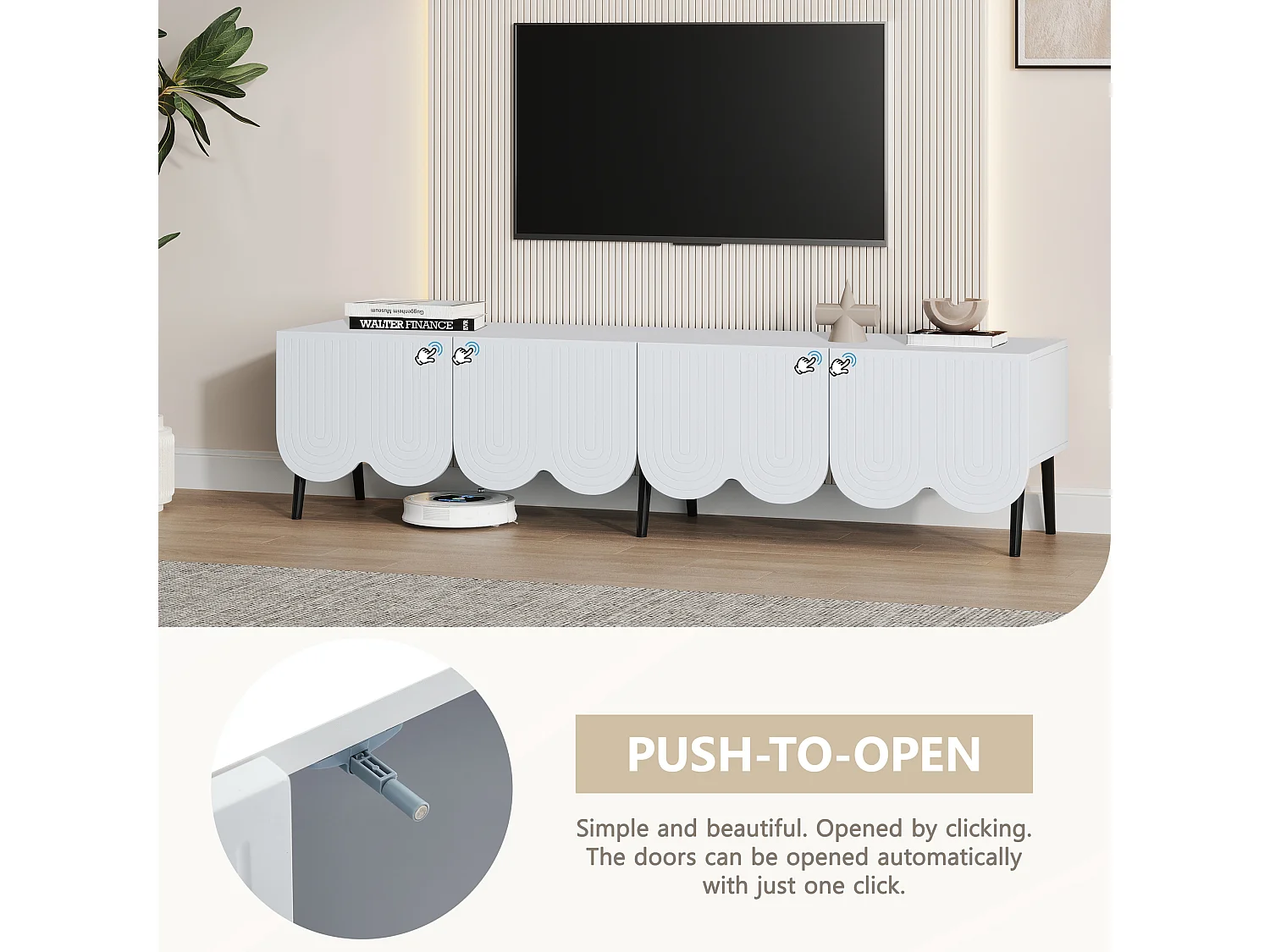 Meuble TV Moderne en Blanc avec Design Unique – 180 x 40 x 45 cm, Compatible avec Téléviseurs jusqu'à 80 pouces, 2 Portes et Gestion des Câbles