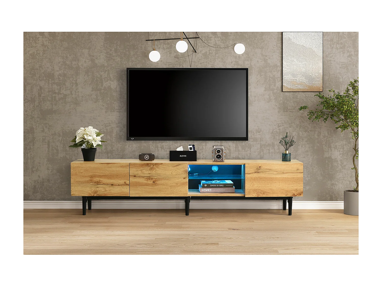 Meuble TV Moderne avec Éclairage LED – 175 cm, Design Bois et Noir, 3 Compartiments de Rangement, Portes à Ouverture Automatique