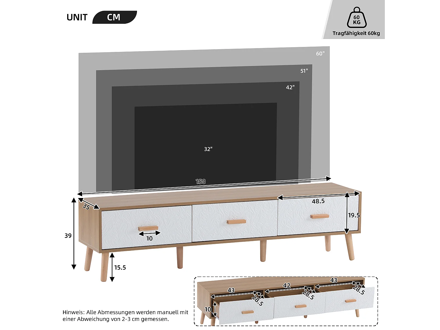 Meuble TV Vintage en Bois – Buffet Bas 150 cm avec Portes Texturées Blanches et 3 Tiroirs – Style Rétro Scandinave, Idéal pour Salon, Chambre, Bureau