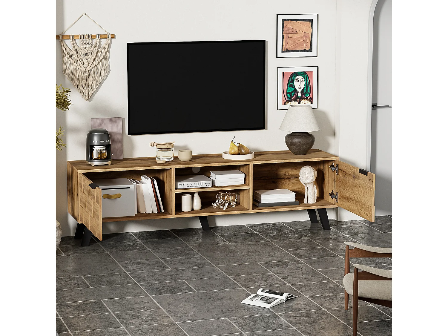 Meuble TV Moderne en Bois – 160,5 cm avec 2 Portes et 2 Compartiments Ouverts, Pieds surélevés, Design Minimaliste pour Salon et Chambre