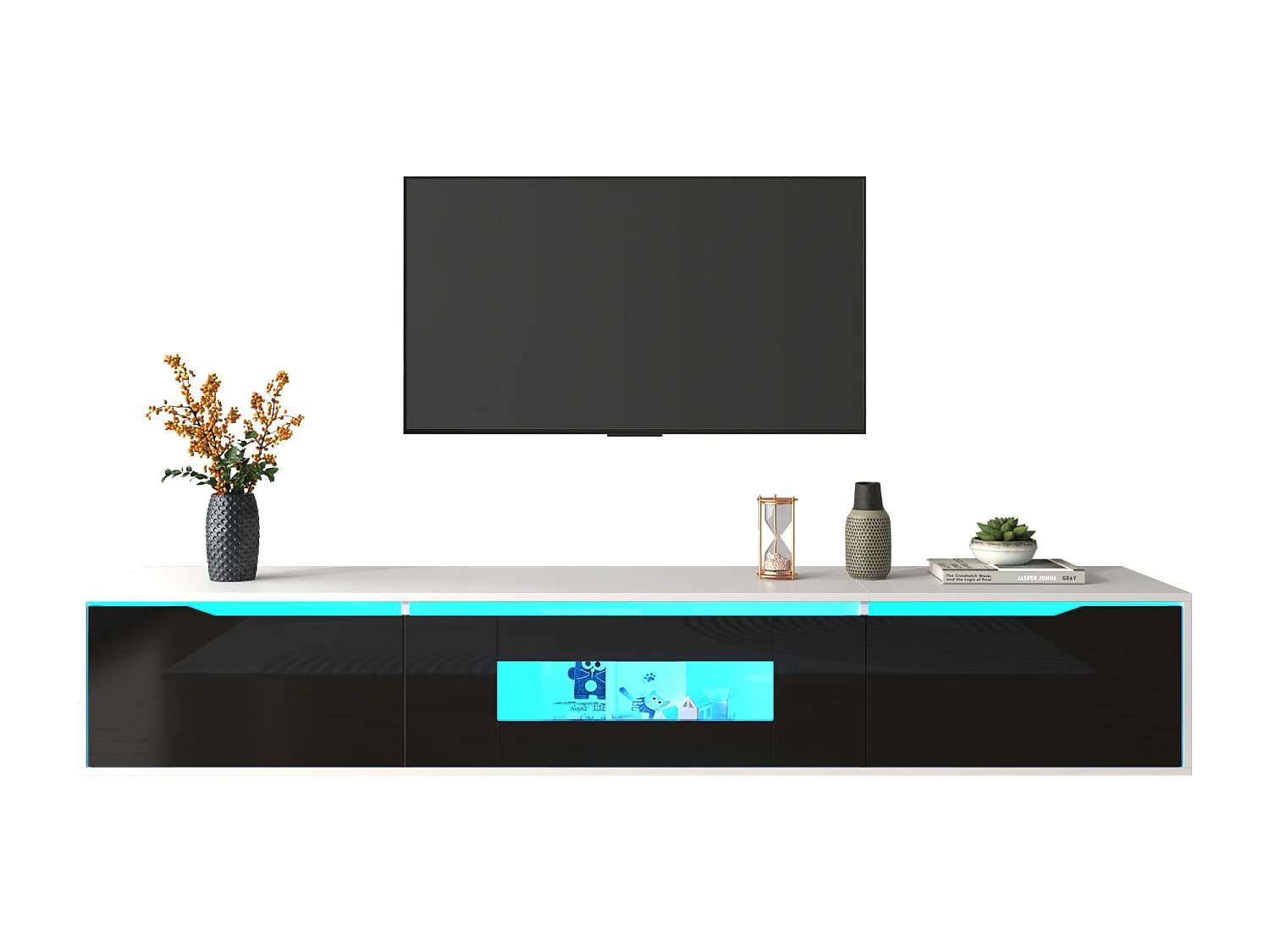 Meuble TV Moderne avec LED RGB, Finition Brillante Noir et Blanc, Éclairage à 16 Couleurs, Design Élégant et Installation Polyvalente