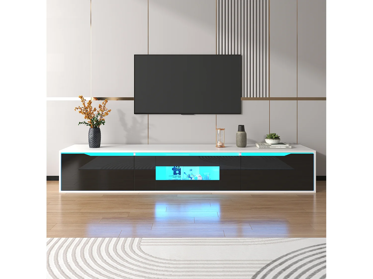 Meuble TV Moderne avec LED RGB, Finition Brillante Noir et Blanc, Éclairage à 16 Couleurs, Design Élégant et Installation Polyvalente