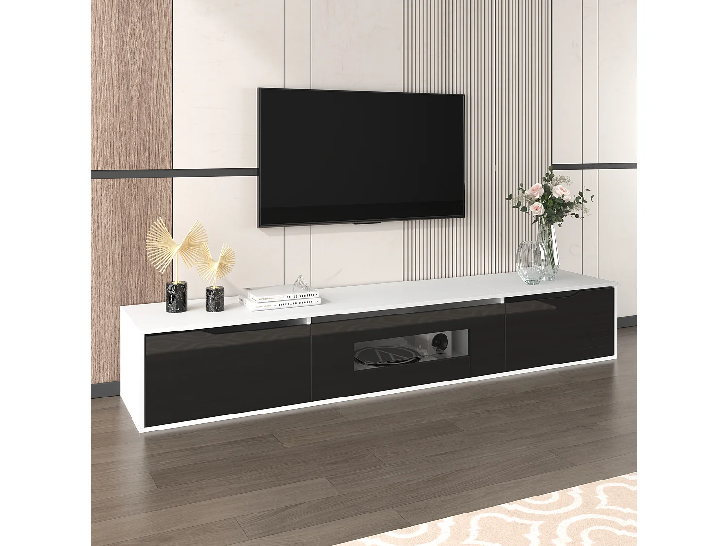 Meuble TV Moderne avec LED RGB, Finition Brillante Noir et Blanc, Éclairage à 16 Couleurs, Design Élégant et Installation Polyvalente