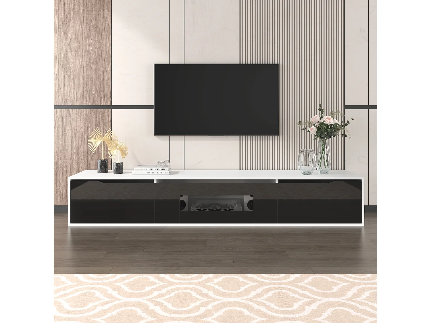 Meuble TV Moderne avec LED RGB, Finition Brillante Noir et Blanc, Éclairage à 16 Couleurs, Design Élégant et Installation Polyvalente