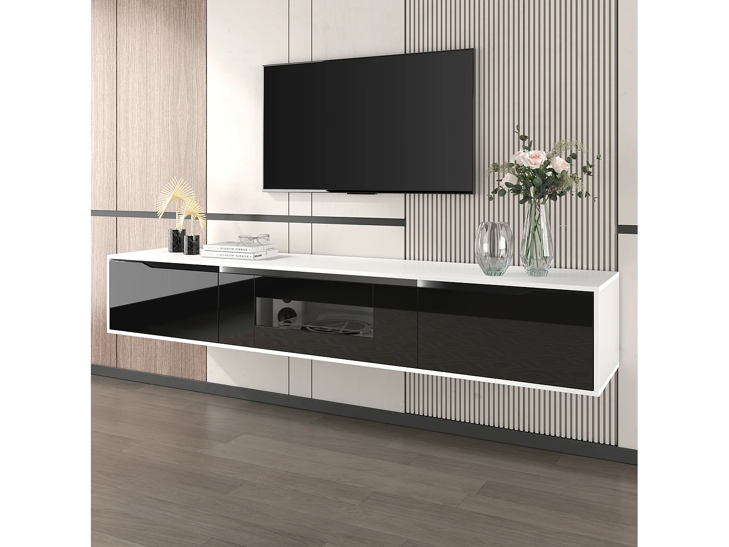 Meuble TV Moderne avec LED RGB, Finition Brillante Noir et Blanc, Éclairage à 16 Couleurs, Design Élégant et Installation Polyvalente