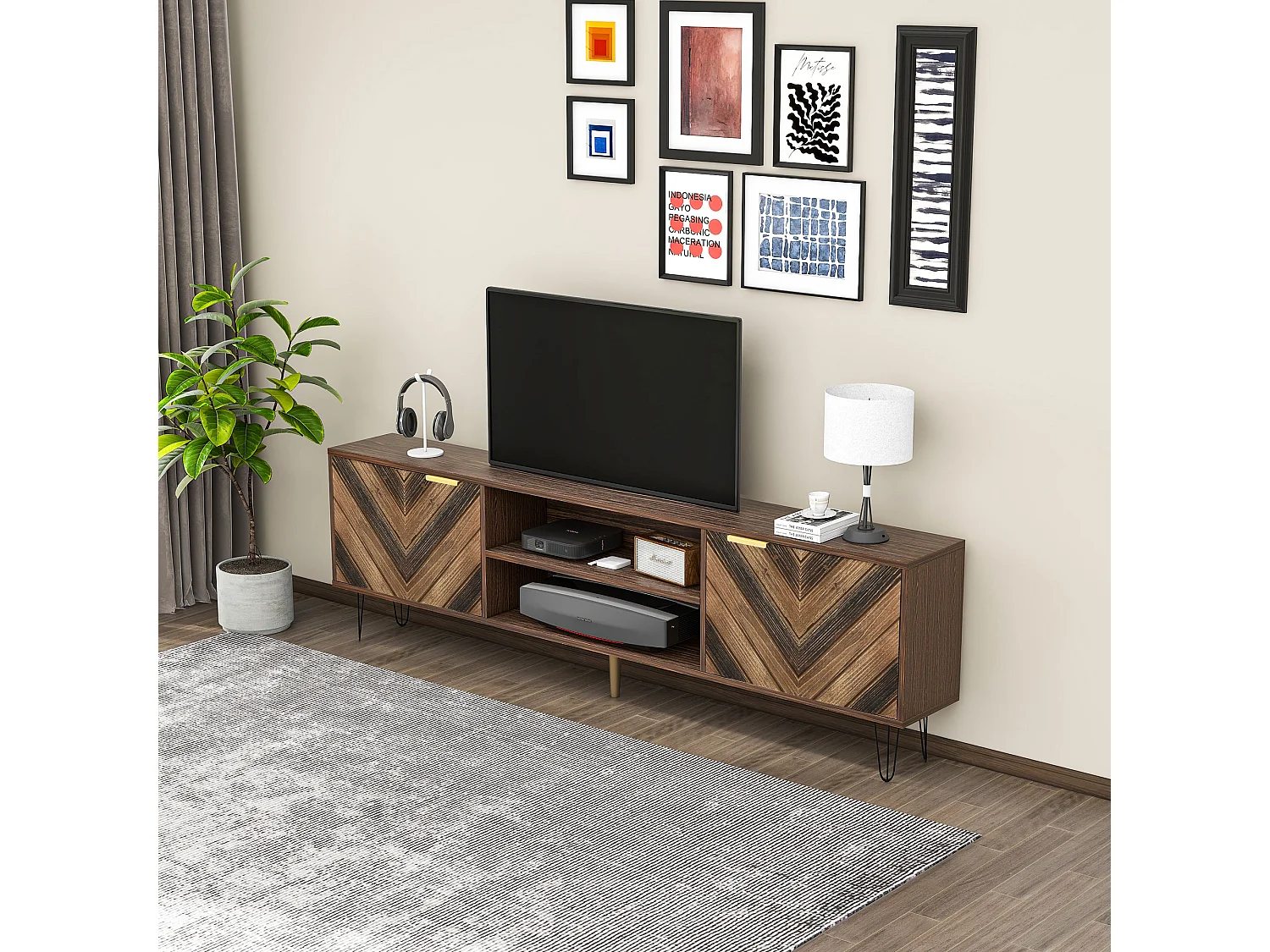 Meuble TV en Bois avec 2 Portes, Poignées Dorées et Pieds en Fer, Rangement Spacieux, Design Élégant et Moderne, 155 x 38 x 48 cm