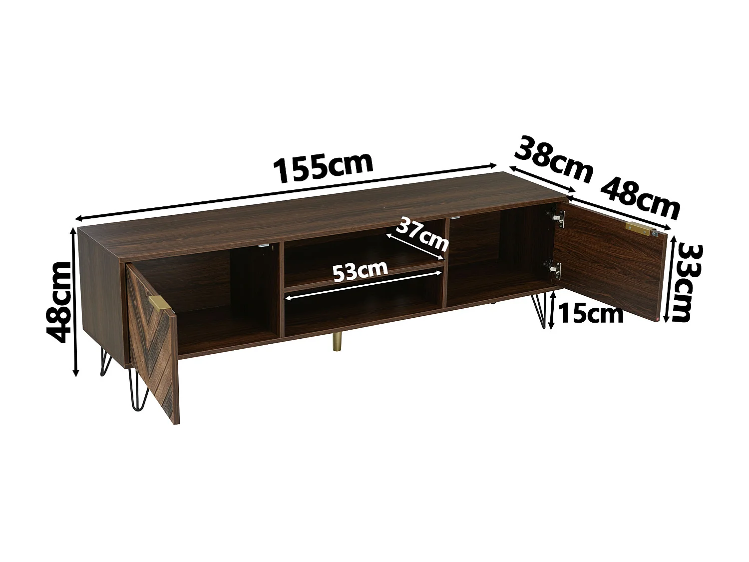 Meuble TV en Bois avec 2 Portes, Poignées Dorées et Pieds en Fer, Rangement Spacieux, Design Élégant et Moderne, 155 x 38 x 48 cm