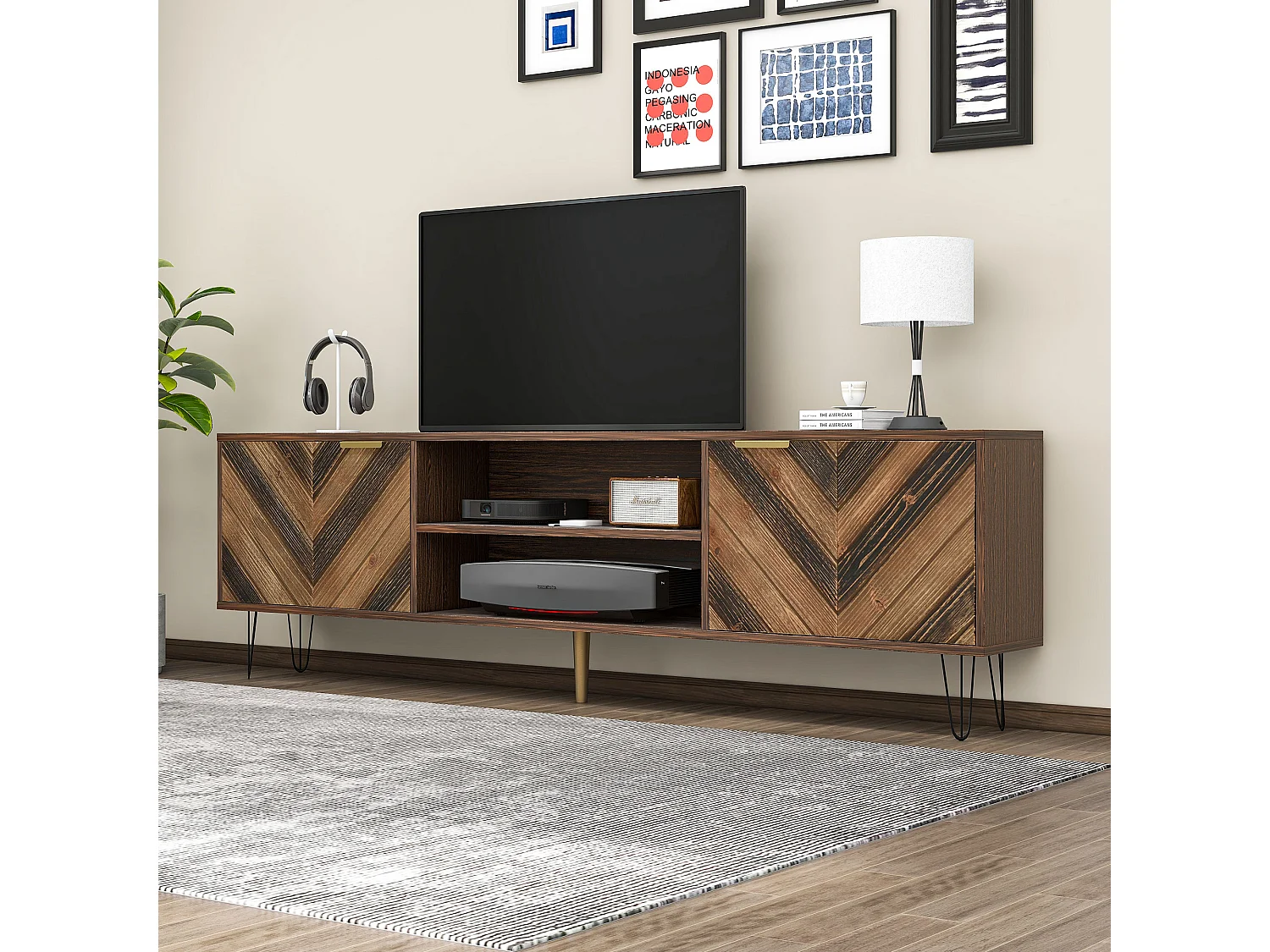 Meuble TV en Bois avec 2 Portes, Poignées Dorées et Pieds en Fer, Rangement Spacieux, Design Élégant et Moderne, 155 x 38 x 48 cm