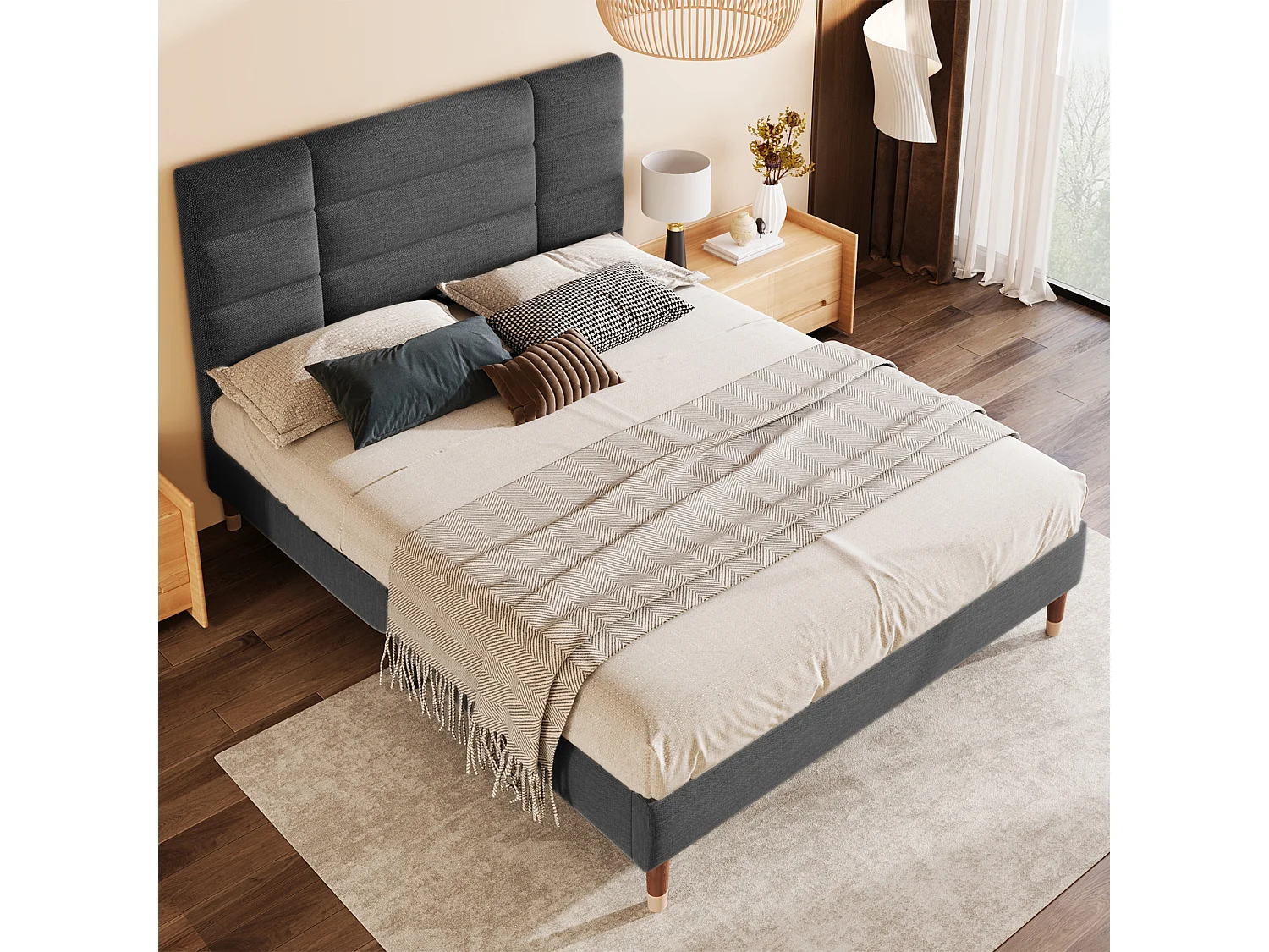 Haobosic - Lit Double 140 x 200 cm avec Tête de Lit Capitonnée, Sommier Inclus, en Lin Gris, Design Moderne et Élégant, Matelas Non Inclus