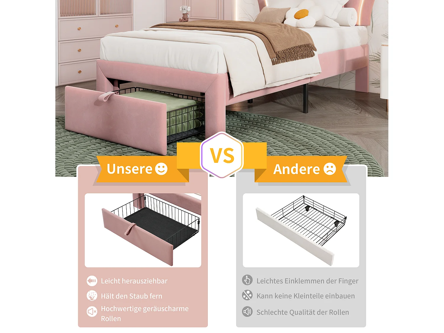 Haobosic - Lit LED pour Enfant 90 x 200 cm avec Tiroirs, Tête de Lit Rembourrée et Réglable, Cadre de Lit avec Sommier à Lattes et Éclairage RGB