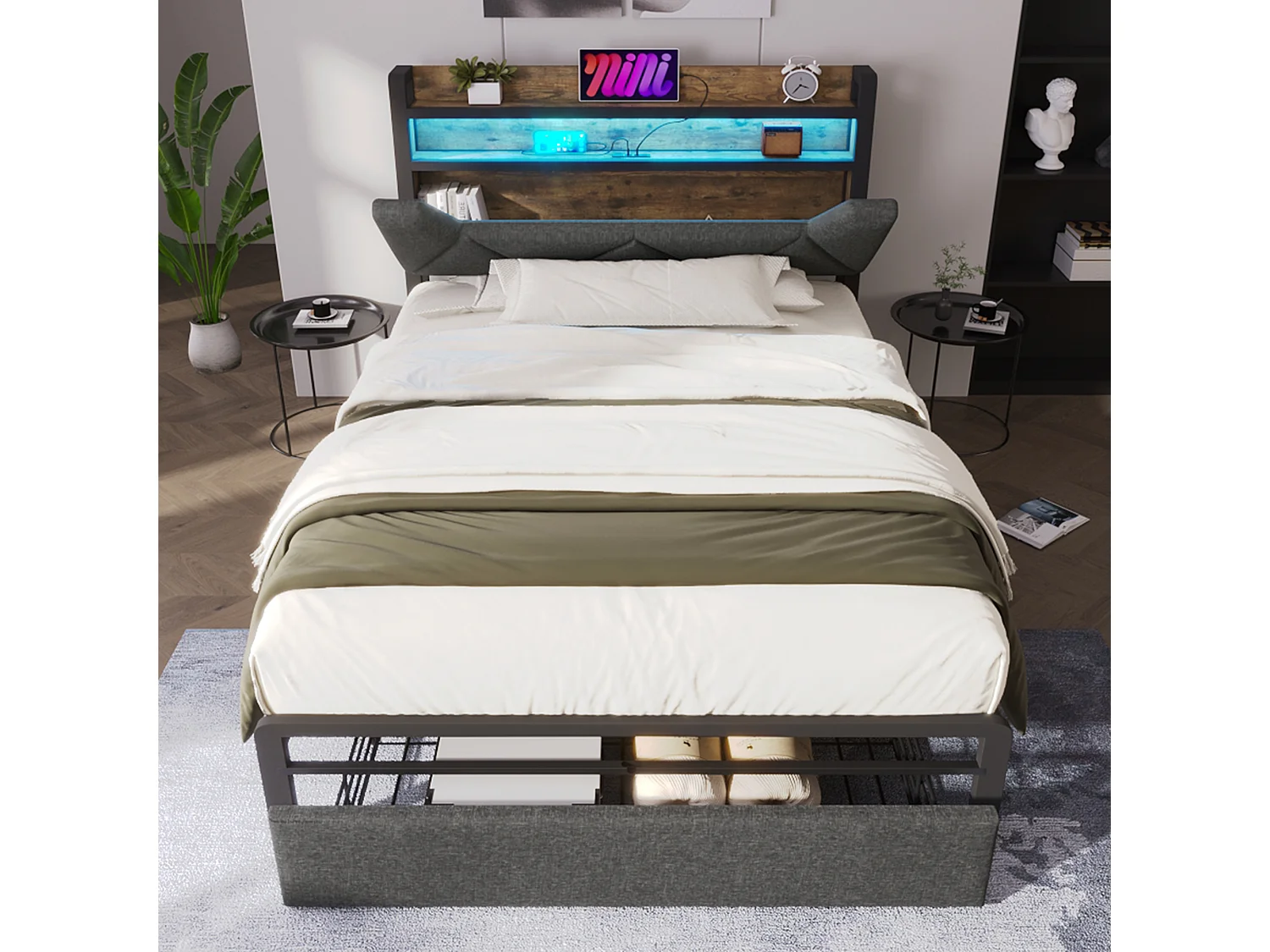 Haobosic - Lit 90 x 200 cm avec Tête de Lit de Rangement, Chargement USB Type C, Éclairage LED, Cadre Métallique, avec Sommier
