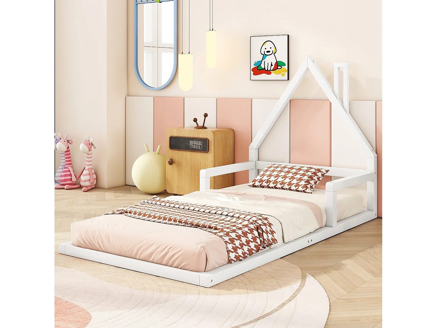 Haobosic - Lit Enfant 90 x 200 cm, Lit Plat en Forme de Maison, Bois Massif de Pin, Design Simple et Élégant, Blanc (sans Matelas)