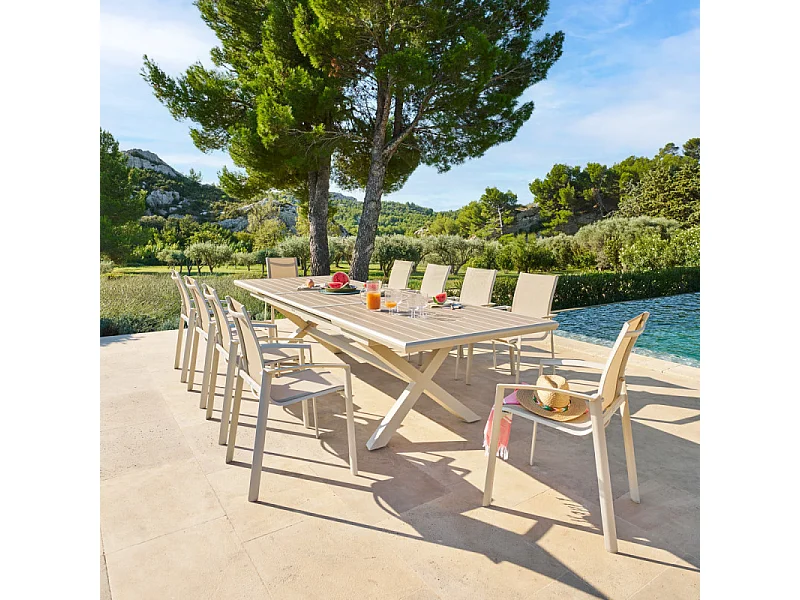 Table extérieure extensible 10p. Axiome effet bois et argile Hespéride