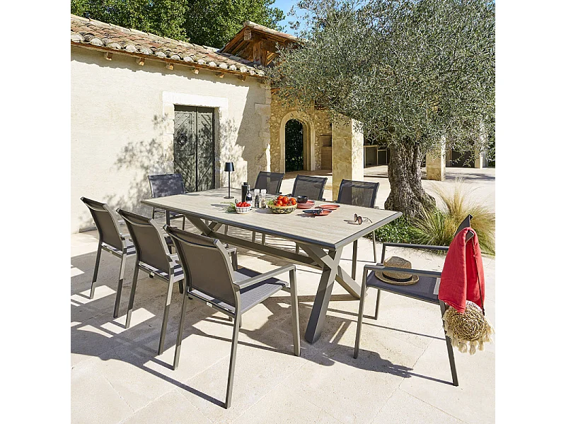 Table extérieure fixe Axiome 8p. pierre vanille/praline Hespéride