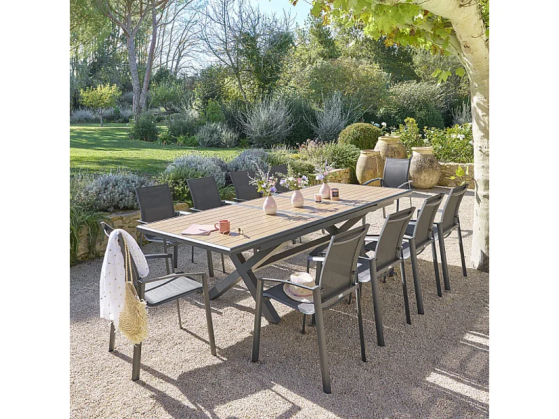Table extérieure extensible 10p. Axiome effet bois et graphite Hespéride