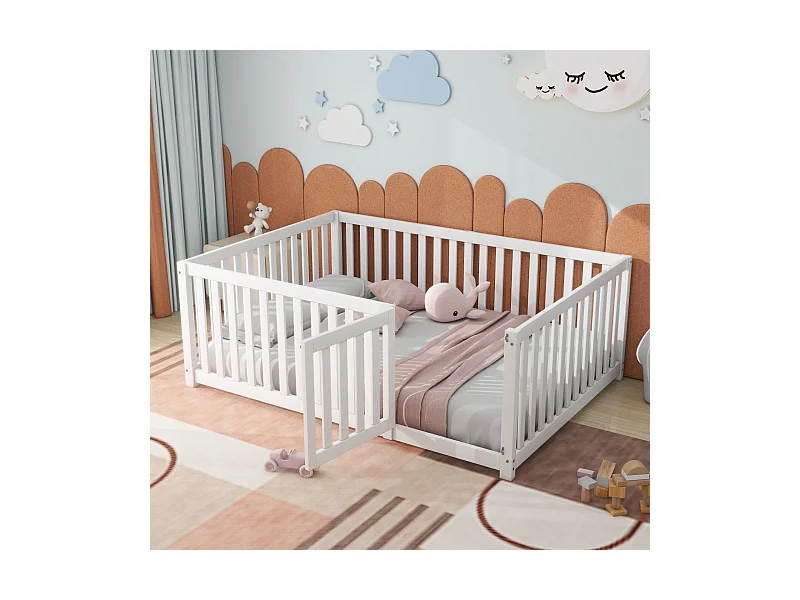 140x200 cm Kinderkabinenbett, Bettrahmen, ohne Lamellen, Kinderbett mit Zaun und Tür, Kiefer, weiß