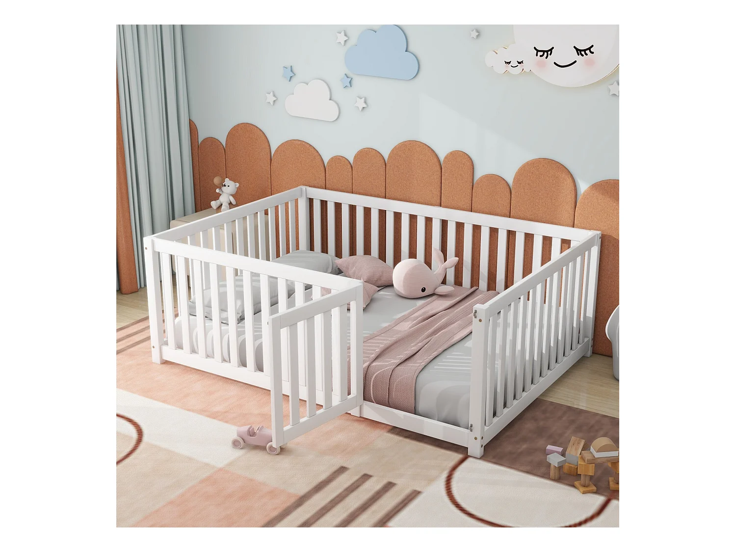 140x200cm kinderbed, bedframe, zonder latten, kinderbed met hek en deur, Dennen, wit