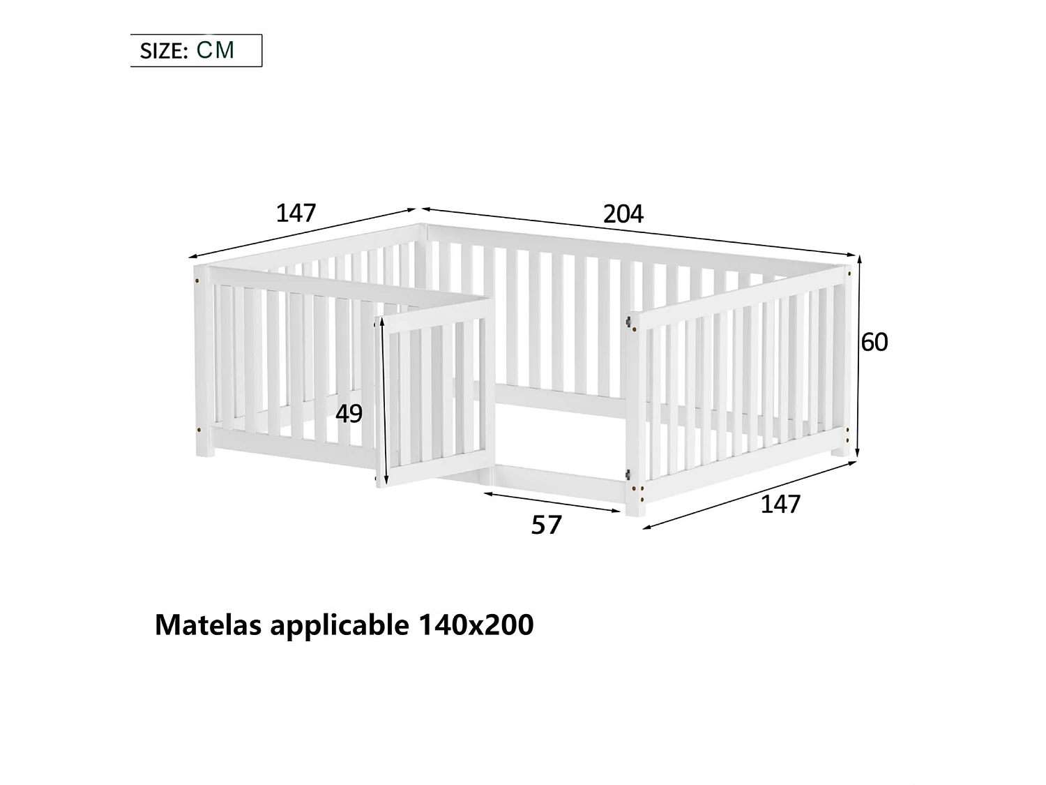 Lit cabane enfant 140x200cm, cadre de lit, sans sommier à lattes, lit enfant avec clôture et porte, Pin, Blanc