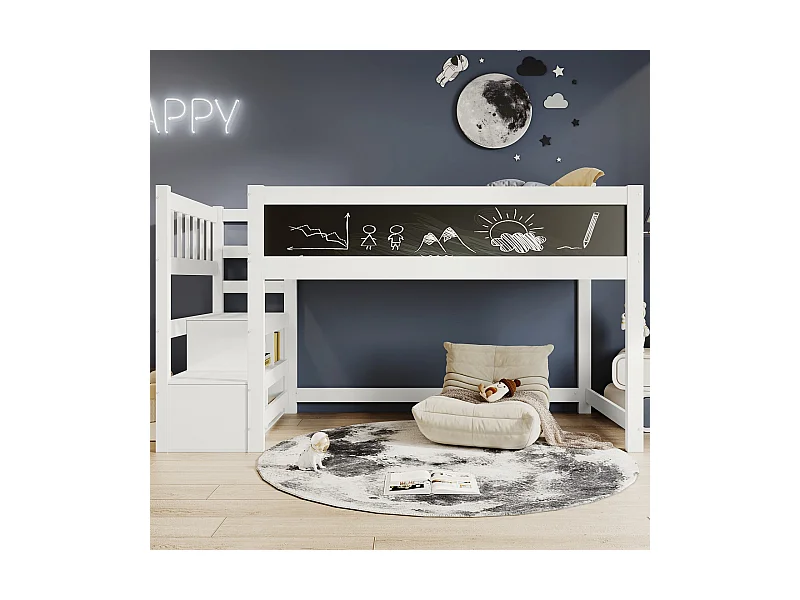 Mezzanine bed van kinderen 90x200cm met opslagtrap en schilderijen - EN747-certificering Pine - Wit