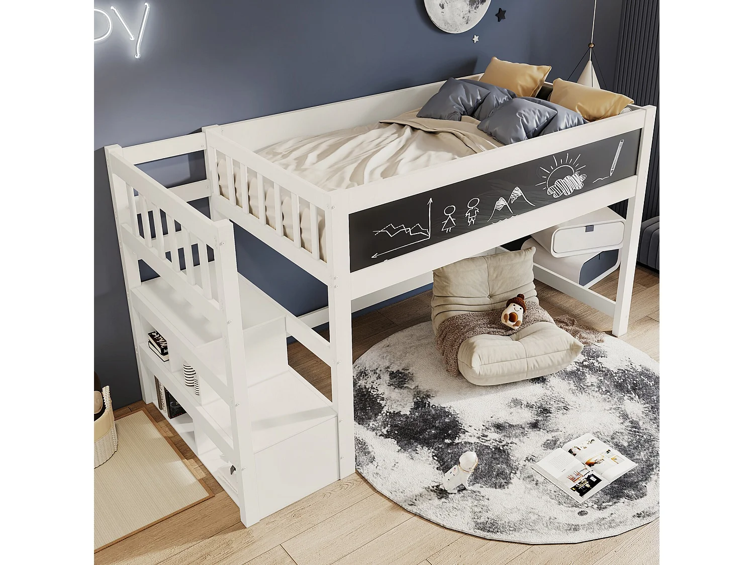 Lit mezzanine enfant 90x200cm avec escalier de rangement et tableaux - Pin de certification EN747 - Blanc