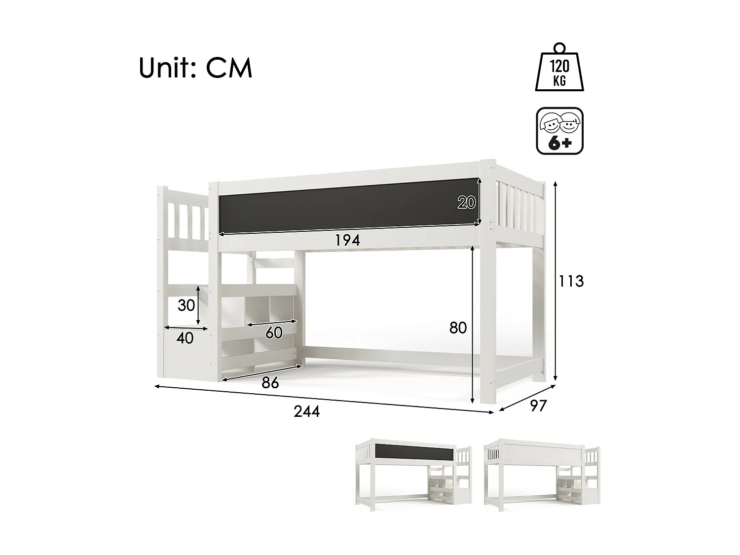 Lit mezzanine enfant 90x200cm avec escalier de rangement et tableaux - Pin de certification EN747 - Blanc
