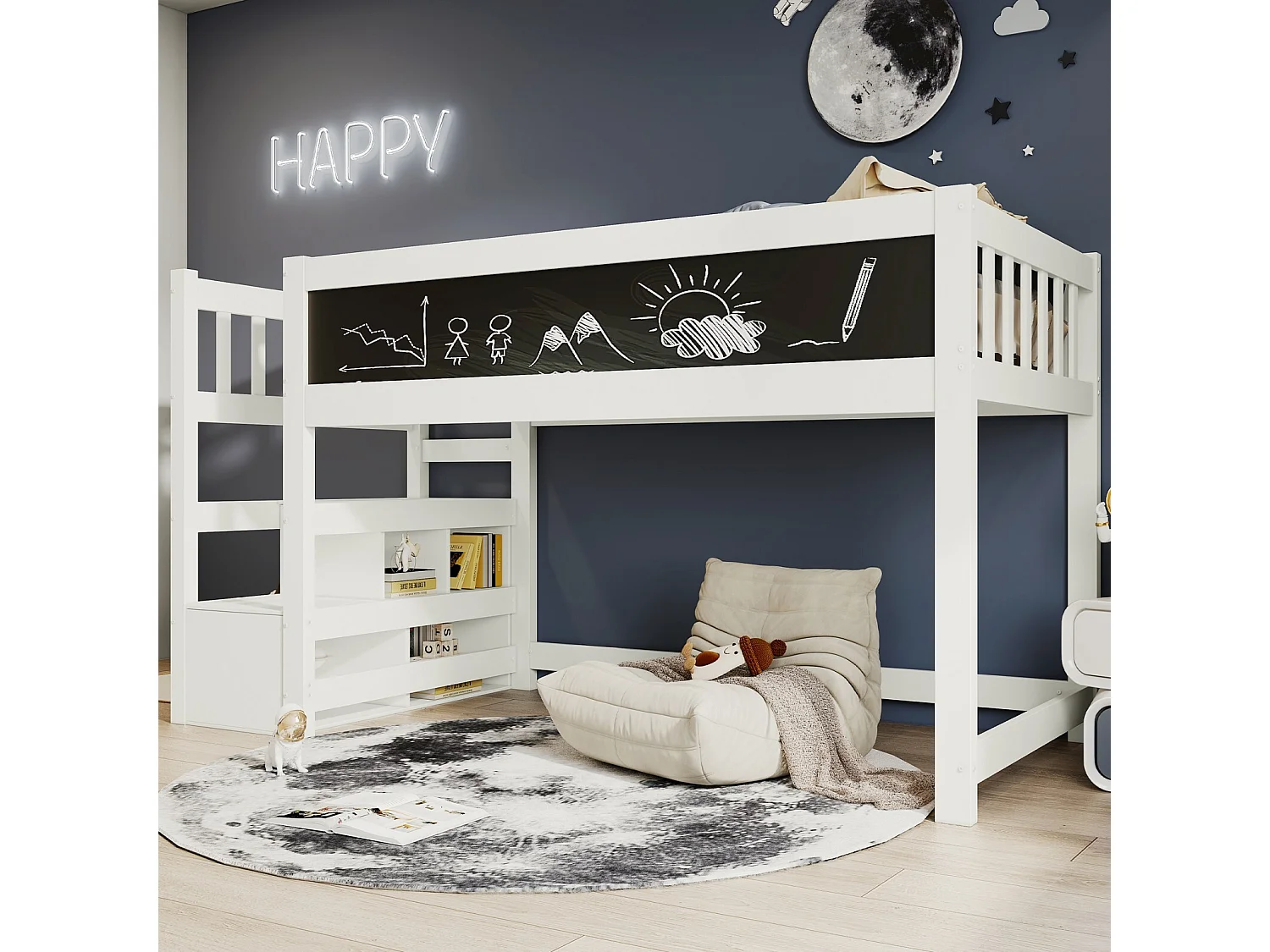 Lit mezzanine enfant 90x200cm avec escalier de rangement et tableaux - Pin de certification EN747 - Blanc