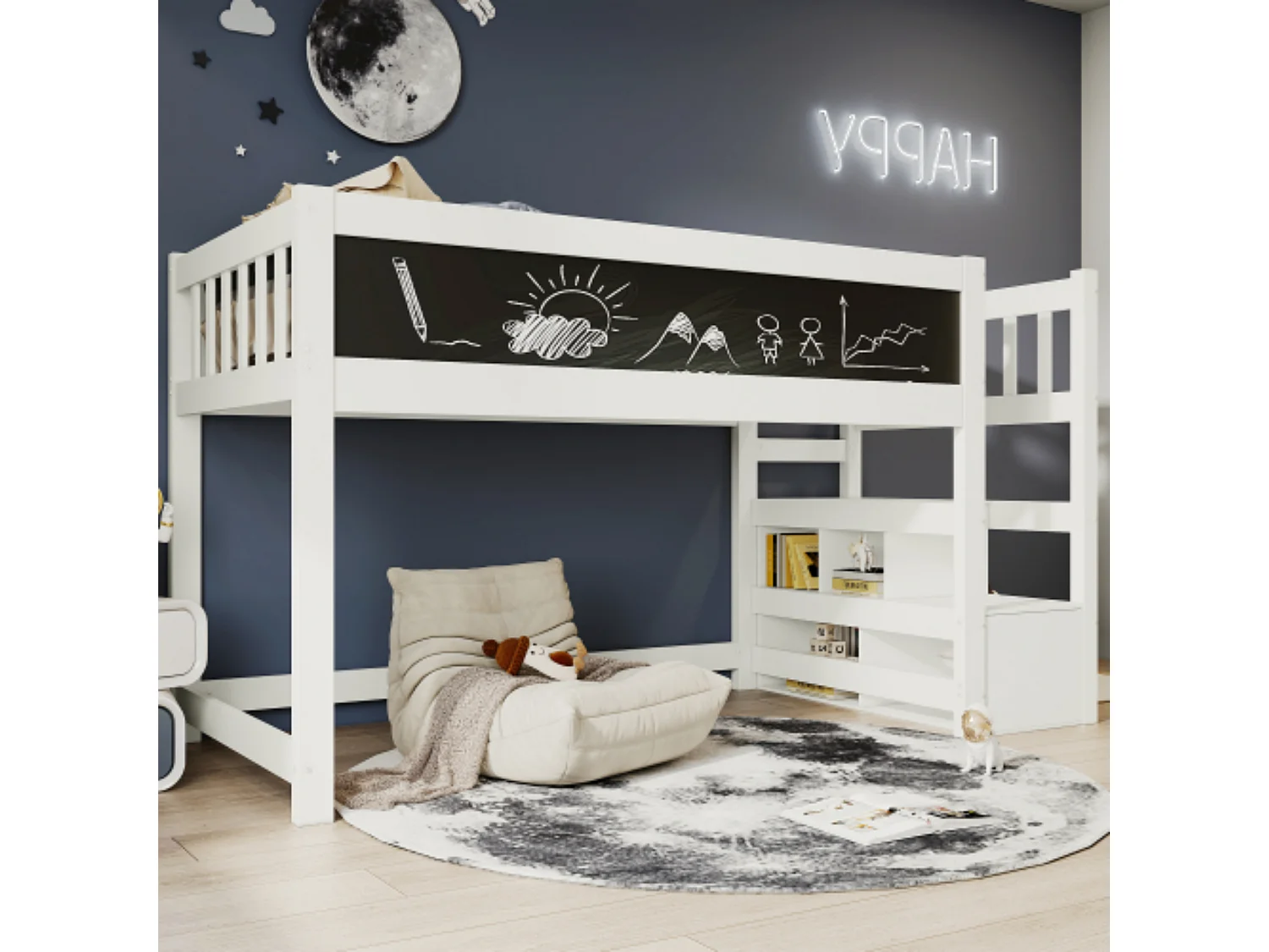 Lit mezzanine enfant 90x200cm avec escalier de rangement et tableaux - Pin de certification EN747 - Blanc