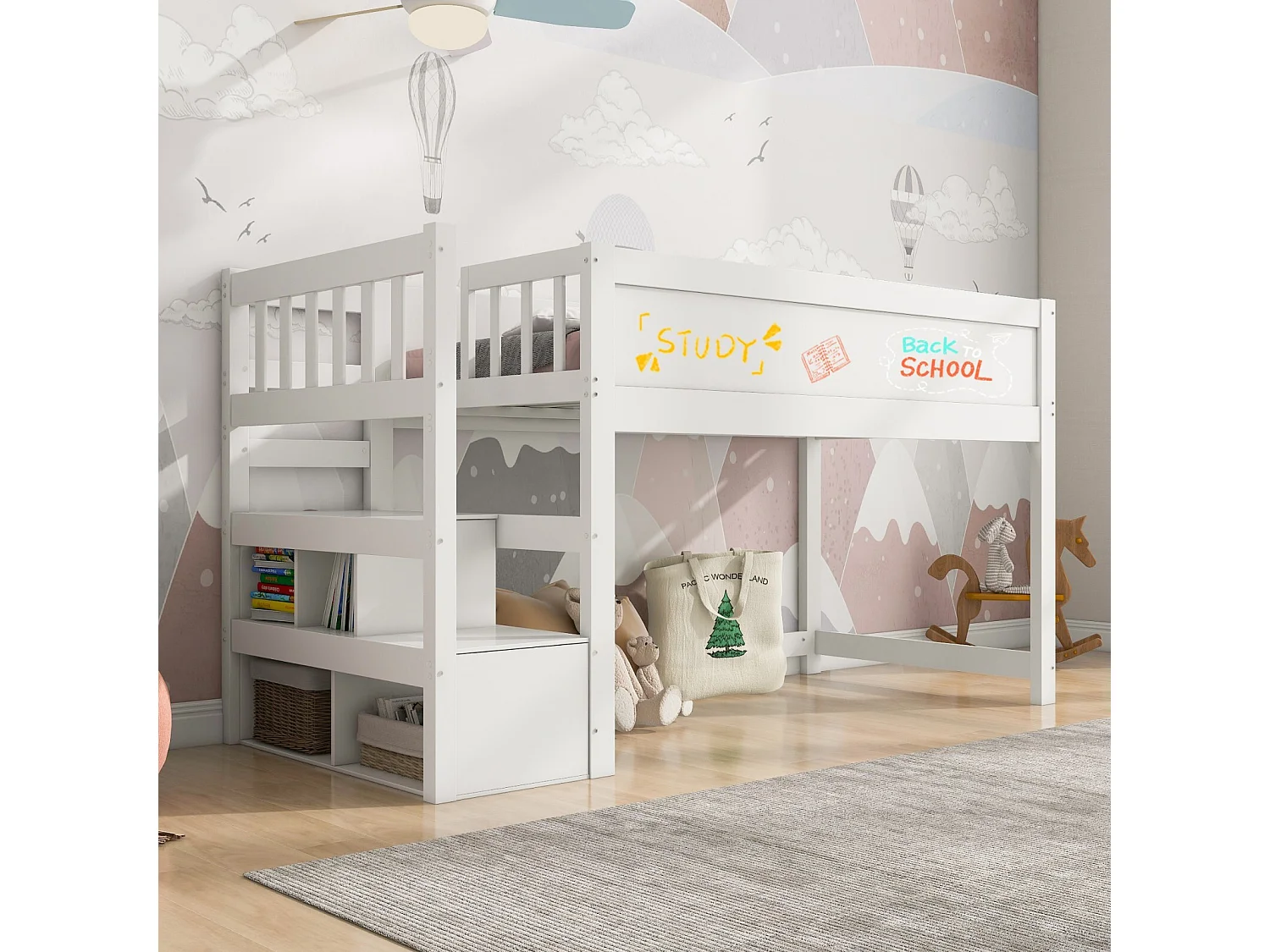 Lit mezzanine enfant 90x200cm avec escalier de rangement et tableaux - Pin de certification EN747 - Blanc
