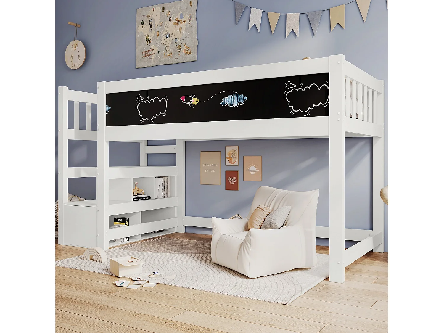 Lit mezzanine enfant 90x200cm avec escalier de rangement et tableaux - Pin de certification EN747 - Blanc