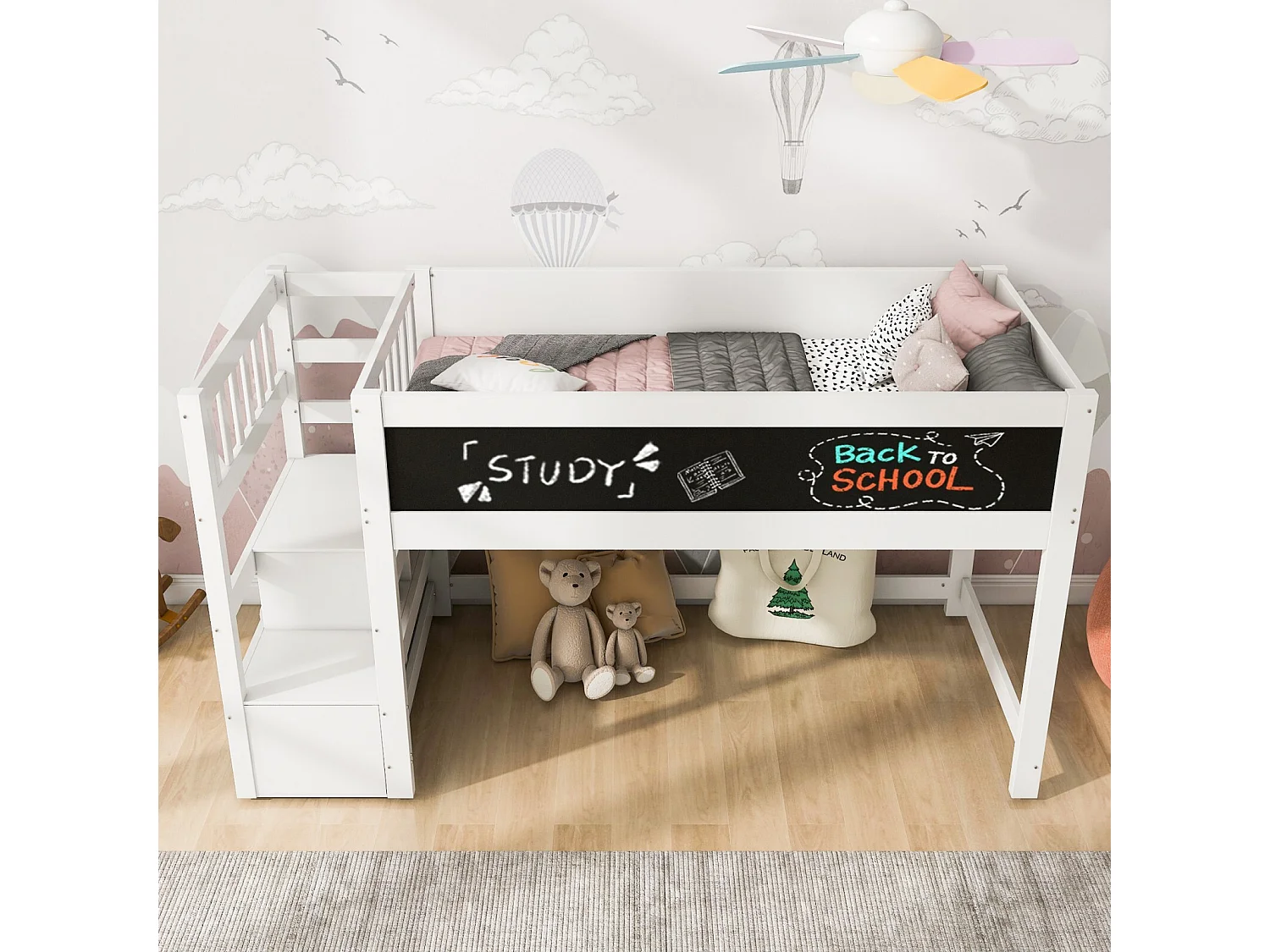 Lit mezzanine enfant 90x200cm avec escalier de rangement et tableaux - Pin de certification EN747 - Blanc