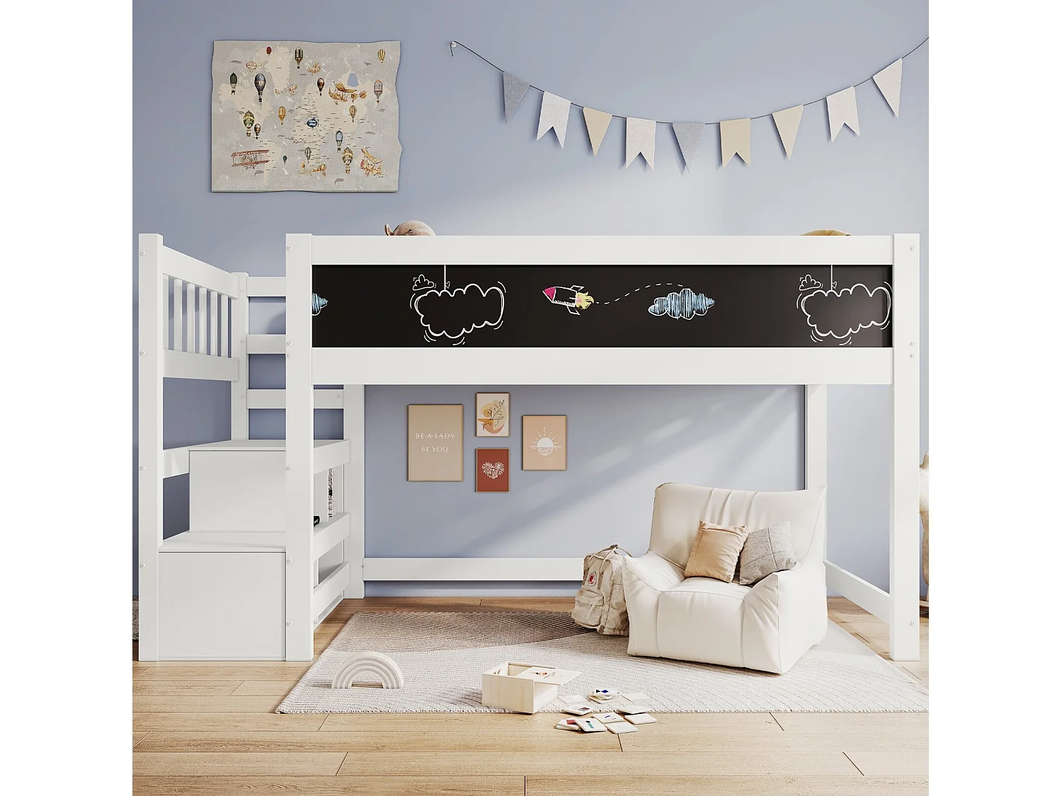 Lit mezzanine enfant 90x200cm avec escalier de rangement et tableaux - Pin de certification EN747 - Blanc